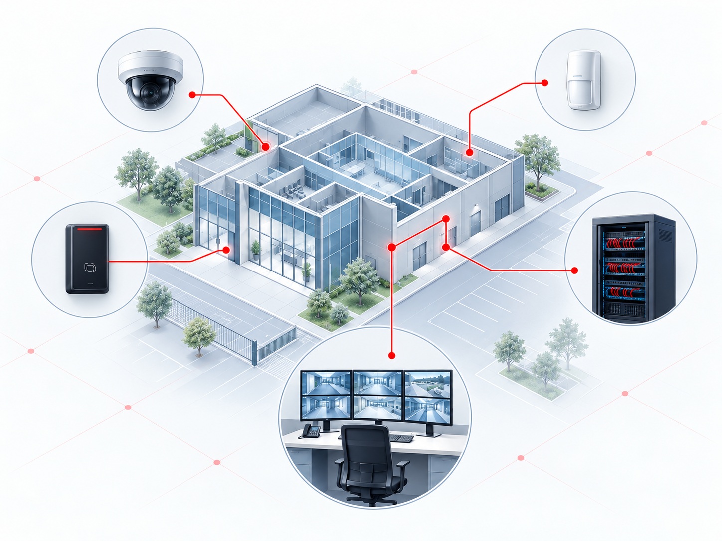 Integrated commercial security system showing CCTV, access control, intrusion detection, server infrastructure and a control room connected across one site.